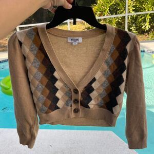 Moschino Italian cropped Tan and brown argyle cardigan sweater